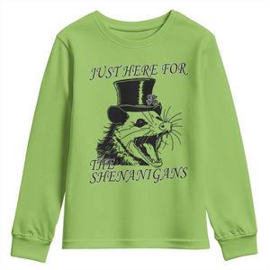 Funny St Patrick's Day Opossum Youth Sweatshirt Just Here For The Shenanigans Shamrock TS11 Lime Print Your Wear