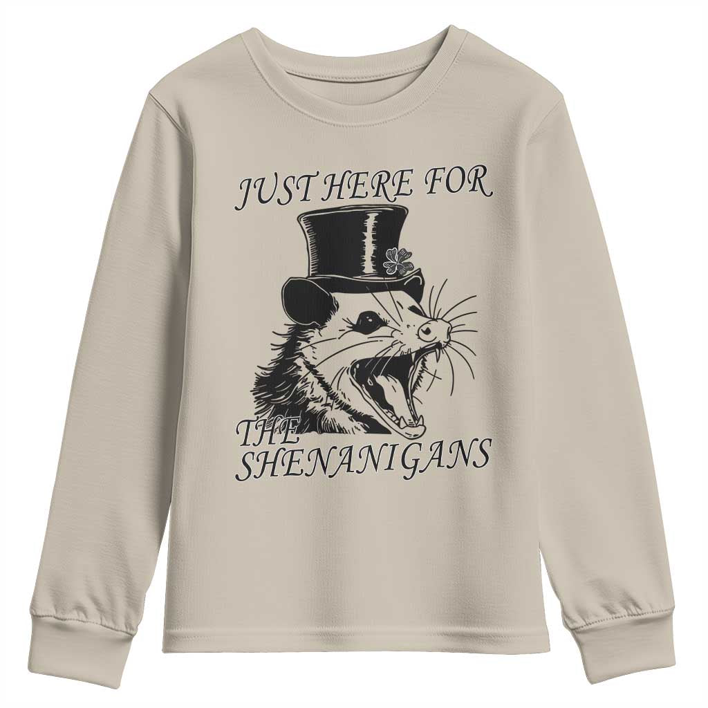 Funny St Patrick's Day Opossum Youth Sweatshirt Just Here For The Shenanigans Shamrock TS11 Sand Print Your Wear