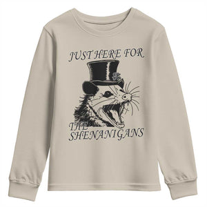Funny St Patrick's Day Opossum Youth Sweatshirt Just Here For The Shenanigans Shamrock TS11 Sand Print Your Wear
