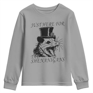 Funny St Patrick's Day Opossum Youth Sweatshirt Just Here For The Shenanigans Shamrock TS11 Sport Gray Print Your Wear