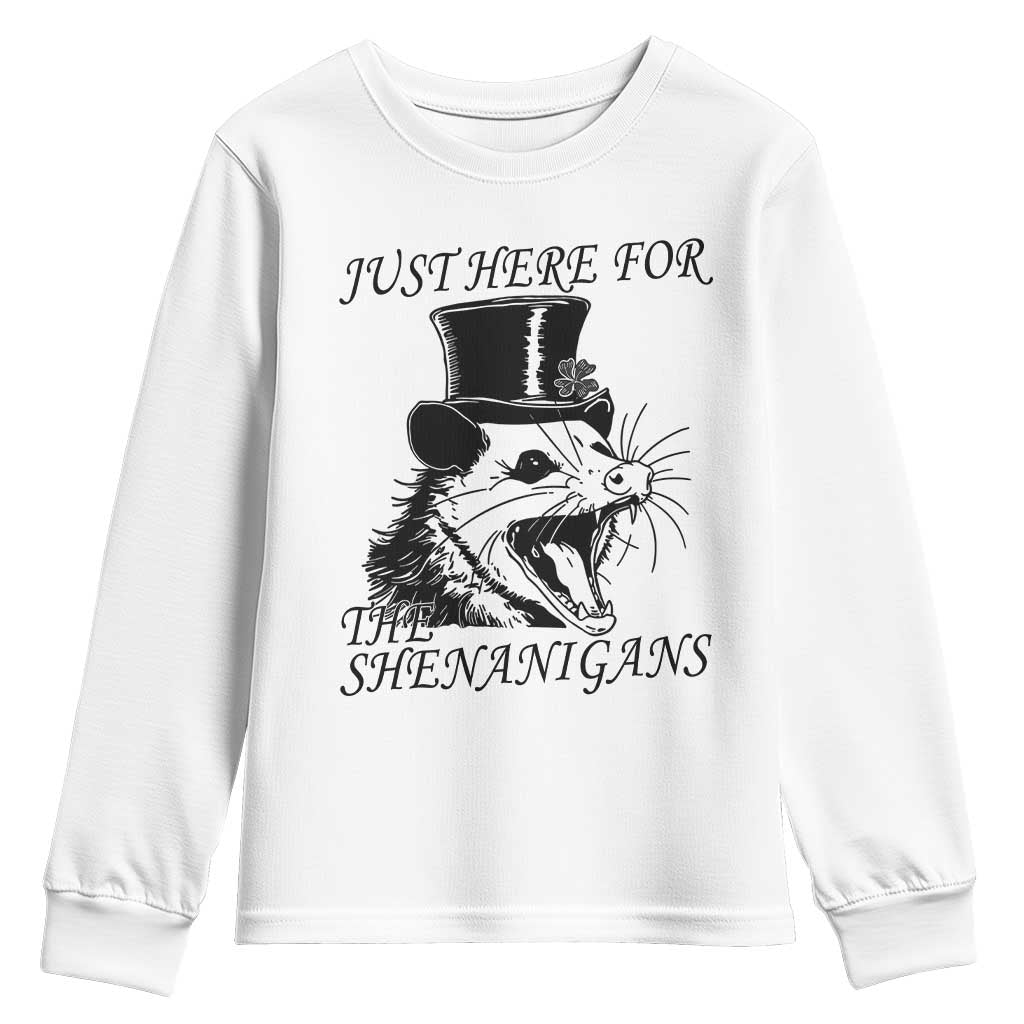 Funny St Patrick's Day Opossum Youth Sweatshirt Just Here For The Shenanigans Shamrock TS11 White Print Your Wear