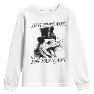Funny St Patrick's Day Opossum Youth Sweatshirt Just Here For The Shenanigans Shamrock TS11 White Print Your Wear