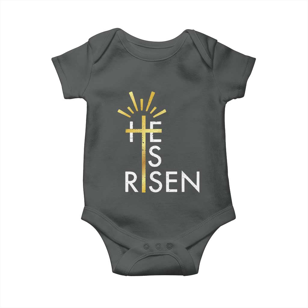He Is Risen Baby Onesie Christian Easter Day Religious Bible Verse Cross TS11 Dark Heather Print Your Wear