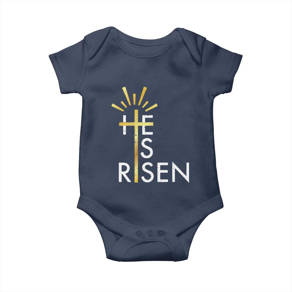 He Is Risen Baby Onesie Christian Easter Day Religious Bible Verse Cross TS11 Navy Print Your Wear