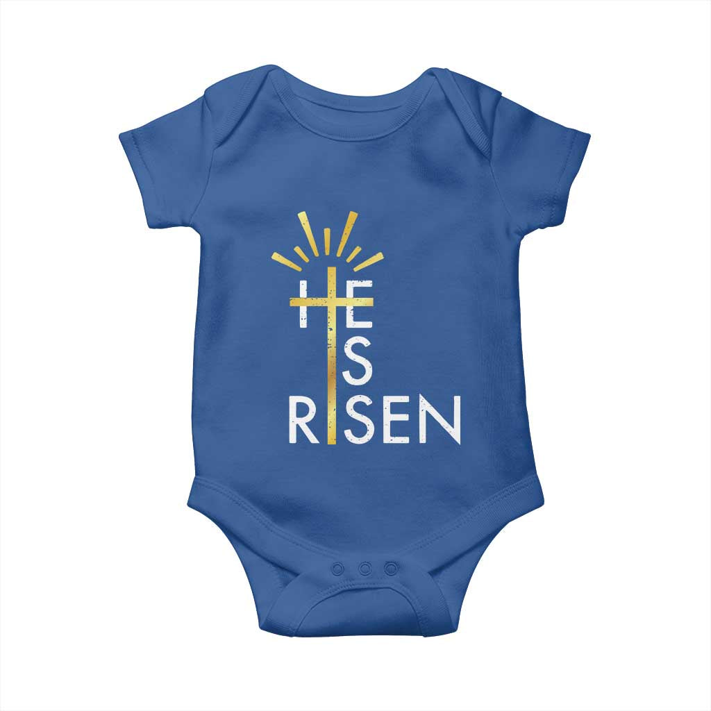 He Is Risen Baby Onesie Christian Easter Day Religious Bible Verse Cross TS11 Royal Blue Print Your Wear