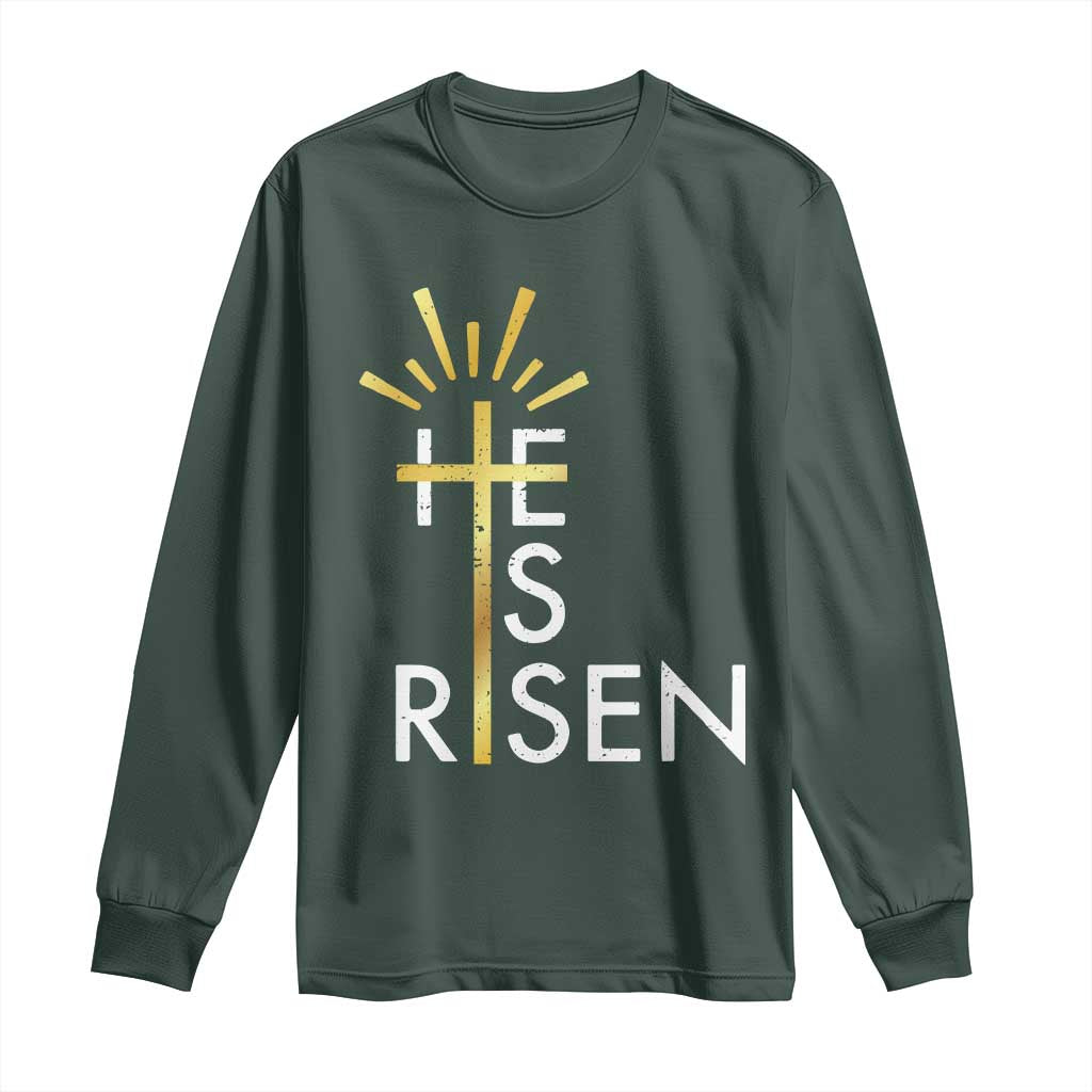 He Is Risen Long Sleeve Shirt Christian Easter Day Religious Bible Verse Cross TS11 Dark Forest Green Print Your Wear