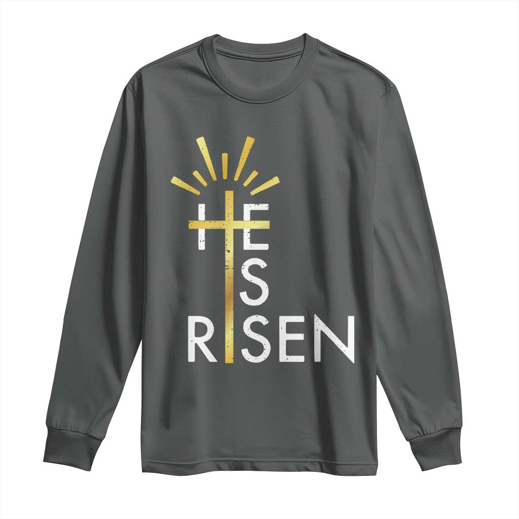 He Is Risen Long Sleeve Shirt Christian Easter Day Religious Bible Verse Cross TS11 Dark Heather Print Your Wear