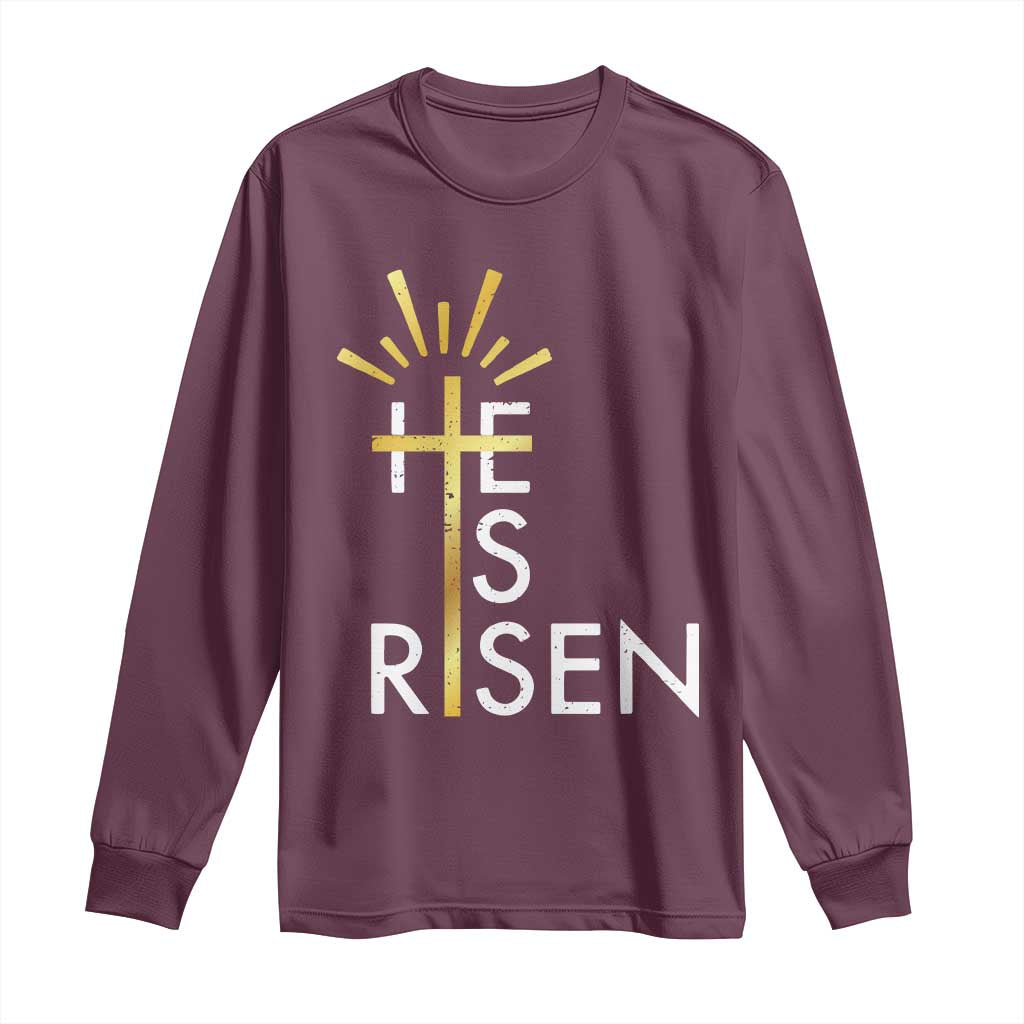 He Is Risen Long Sleeve Shirt Christian Easter Day Religious Bible Verse Cross TS11 Maroon Print Your Wear