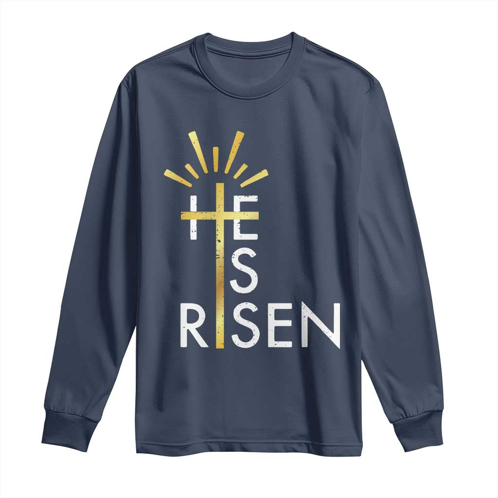 He Is Risen Long Sleeve Shirt Christian Easter Day Religious Bible Verse Cross TS11 Navy Print Your Wear