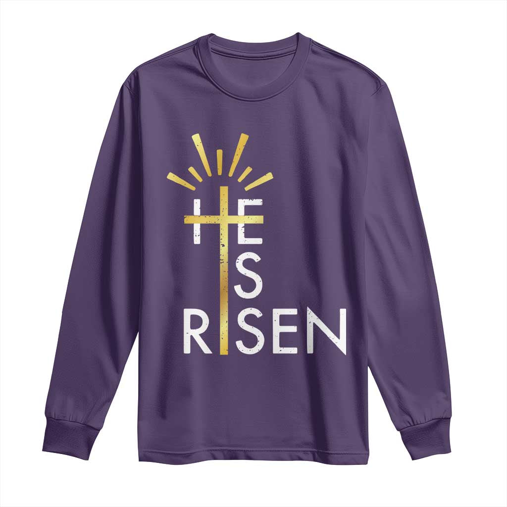 He Is Risen Long Sleeve Shirt Christian Easter Day Religious Bible Verse Cross TS11 Purple Print Your Wear