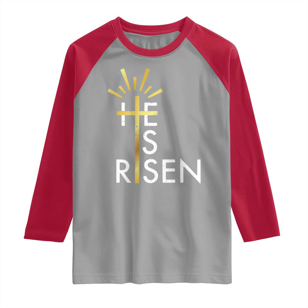 He Is Risen Raglan Shirt Christian Easter Day Religious Bible Verse Cross TS11 Sport Gray Red Print Your Wear