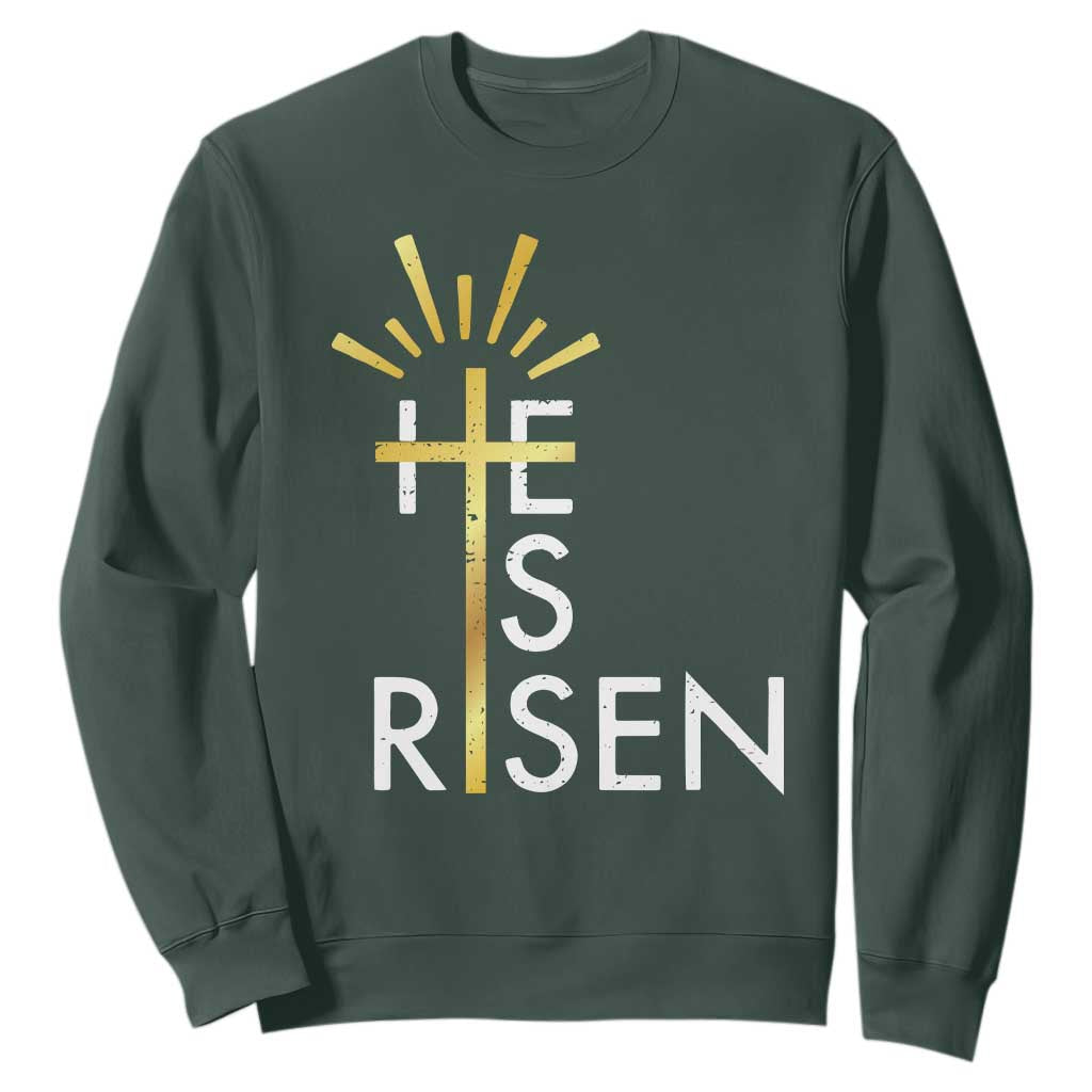 He Is Risen Sweatshirt Christian Easter Day Religious Bible Verse Cross TS11 Dark Forest Green Print Your Wear