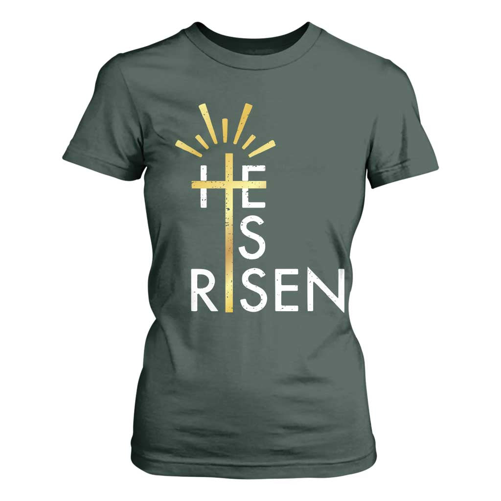 He Is Risen T Shirt For Women Christian Easter Day Religious Bible Verse Cross TS11 Dark Forest Green Print Your Wear