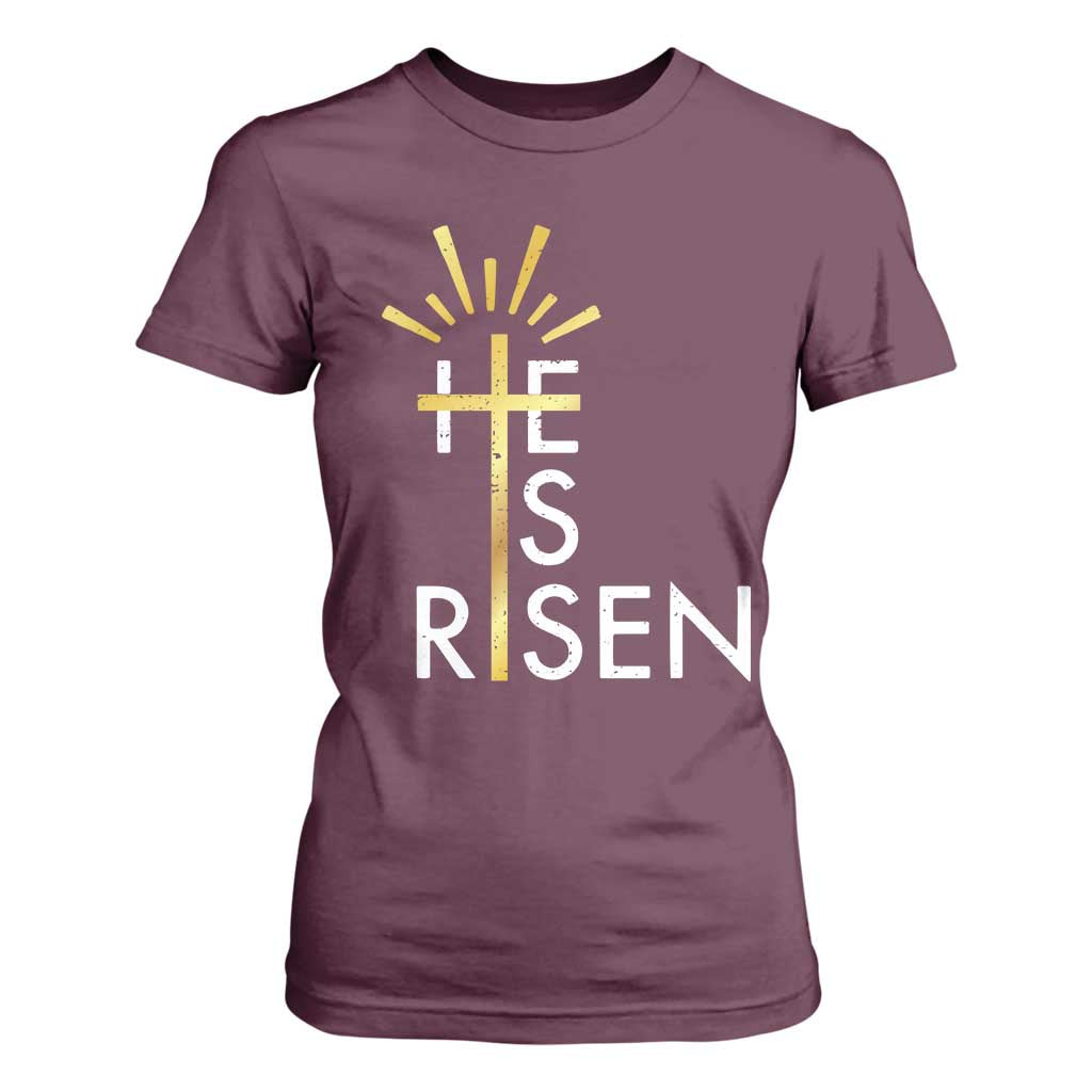 He Is Risen T Shirt For Women Christian Easter Day Religious Bible Verse Cross TS11 Maroon Print Your Wear