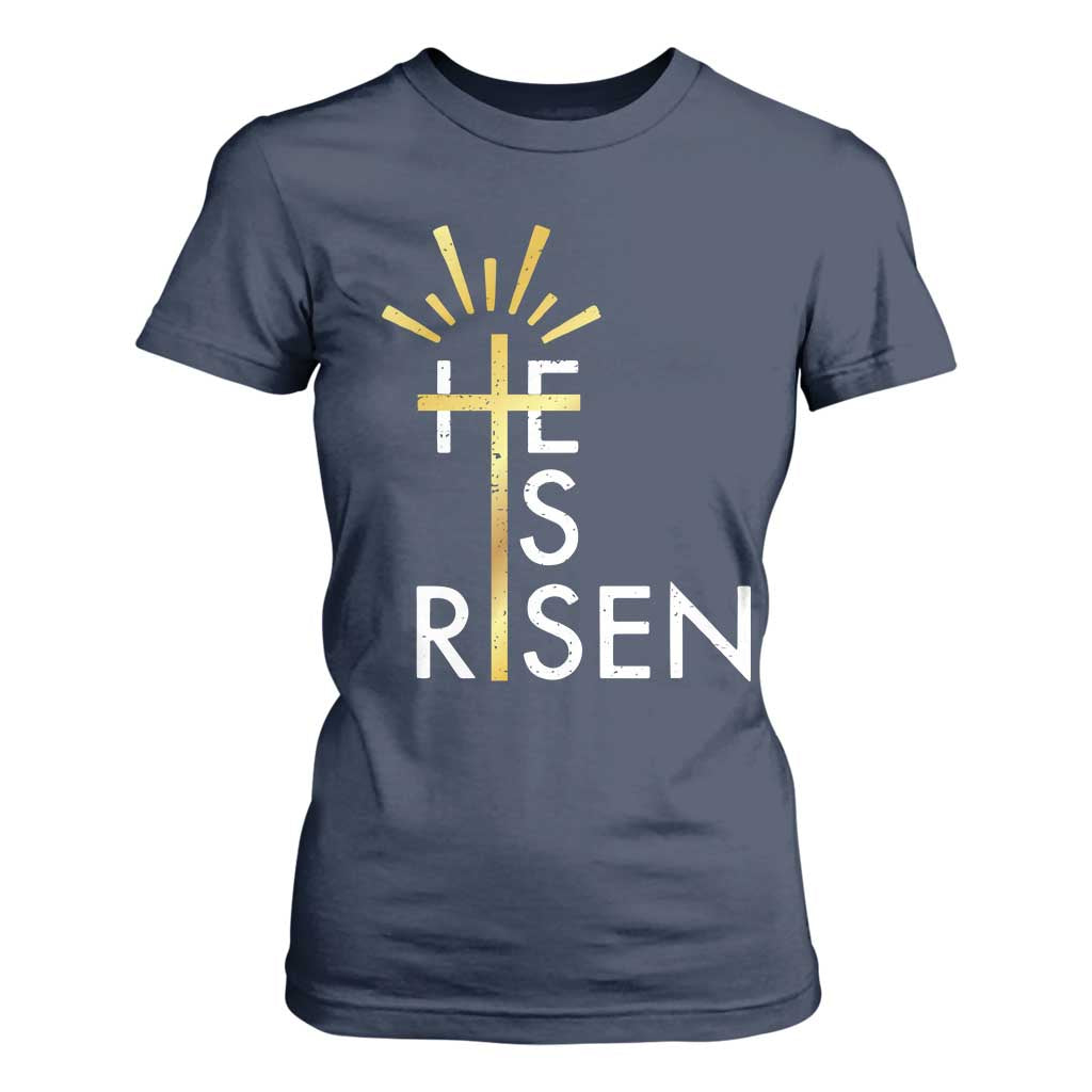 He Is Risen T Shirt For Women Christian Easter Day Religious Bible Verse Cross TS11 Navy Print Your Wear