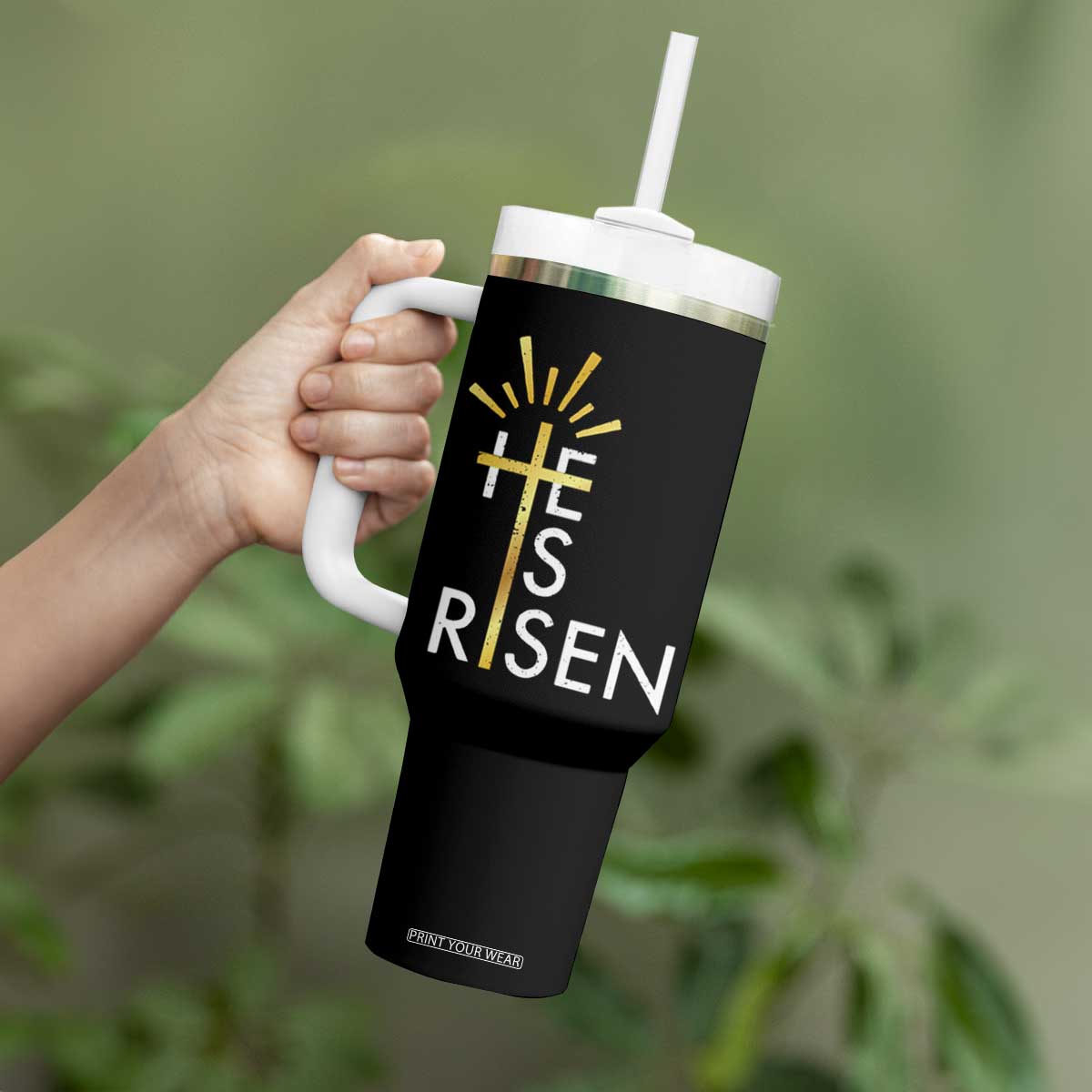 He Is Risen Tumbler With Handle Christian Easter Day Religious Bible Verse Cross TS11 Print Your Wear