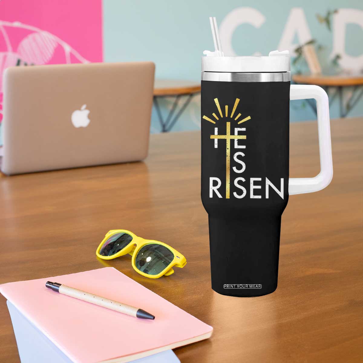 He Is Risen Tumbler With Handle Christian Easter Day Religious Bible Verse Cross TS11 Print Your Wear