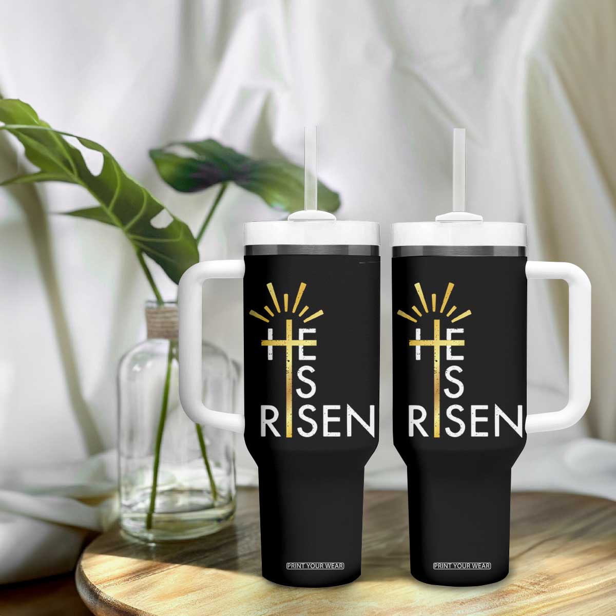 He Is Risen Tumbler With Handle Christian Easter Day Religious Bible Verse Cross TS11 Print Your Wear