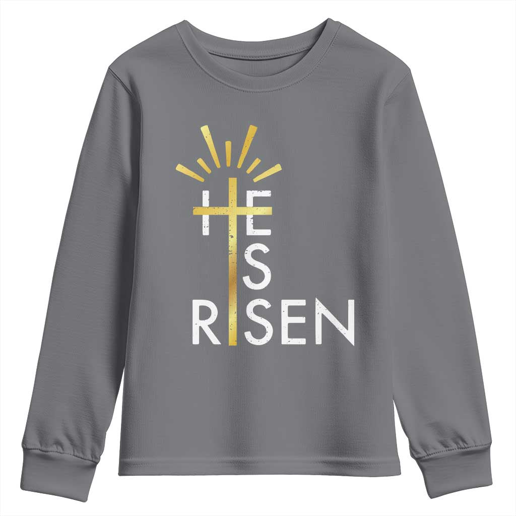 He Is Risen Youth Sweatshirt Christian Easter Day Religious Bible Verse Cross TS11 Charcoal Print Your Wear