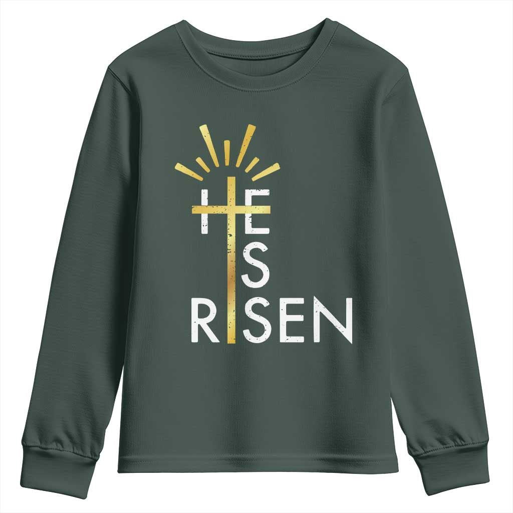 He Is Risen Youth Sweatshirt Christian Easter Day Religious Bible Verse Cross TS11 Dark Forest Green Print Your Wear