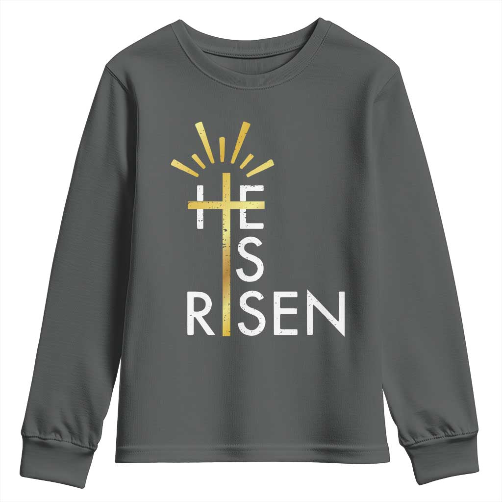 He Is Risen Youth Sweatshirt Christian Easter Day Religious Bible Verse Cross TS11 Dark Heather Print Your Wear