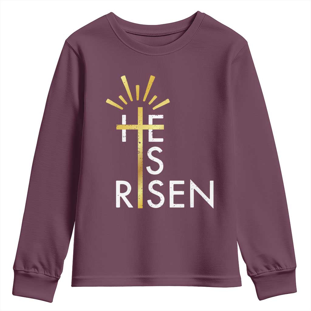 He Is Risen Youth Sweatshirt Christian Easter Day Religious Bible Verse Cross TS11 Maroon Print Your Wear