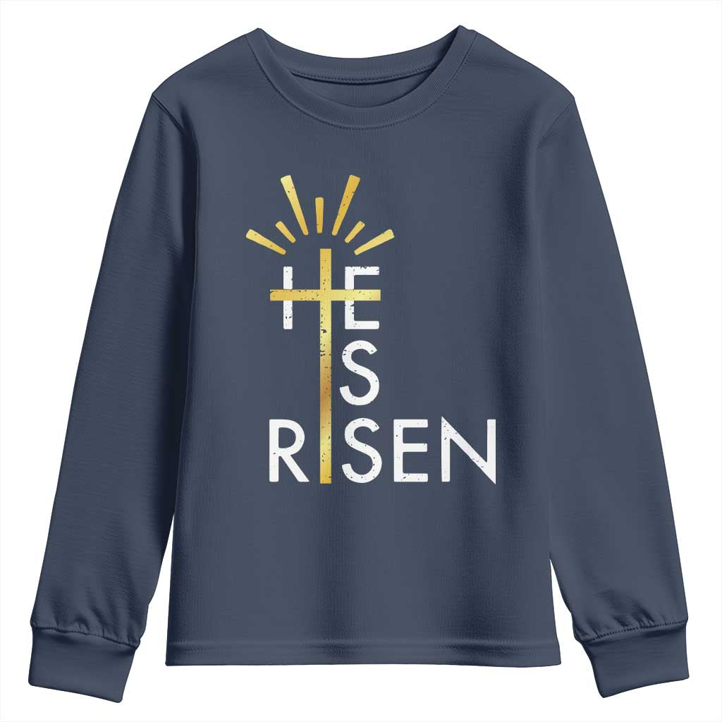 He Is Risen Youth Sweatshirt Christian Easter Day Religious Bible Verse Cross TS11 Navy Print Your Wear