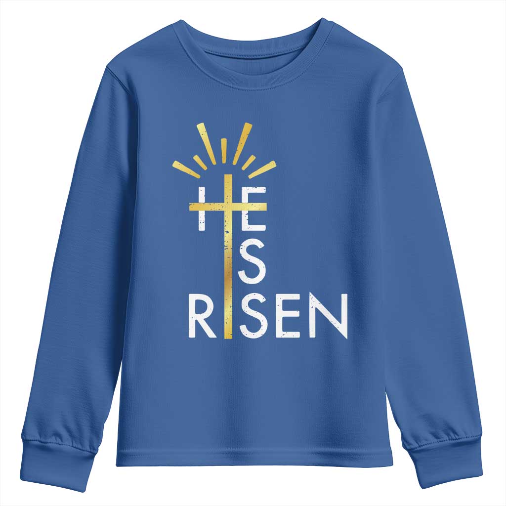 He Is Risen Youth Sweatshirt Christian Easter Day Religious Bible Verse Cross TS11 Royal Blue Print Your Wear