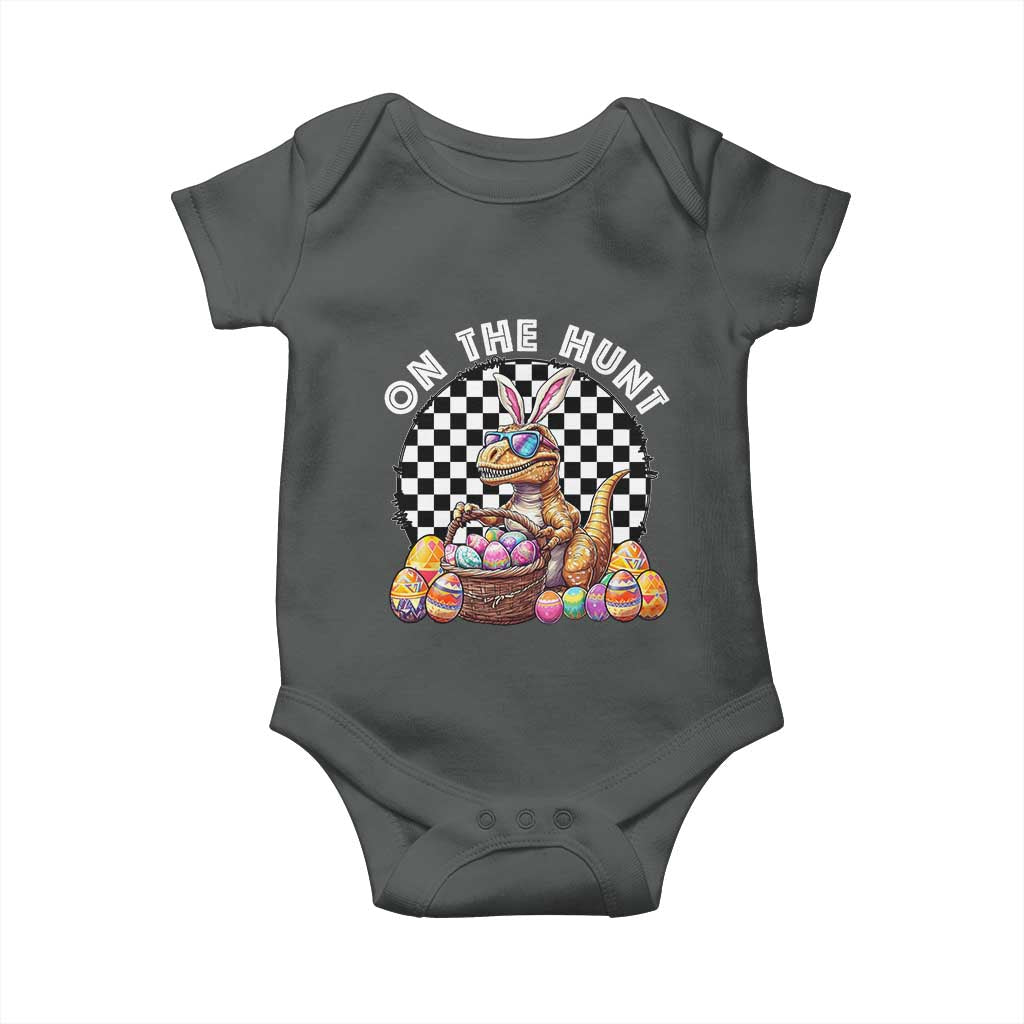 Funny Easter Day Dinosaur Bunny Baby Onesie On The Hunt Egg Hunting TS11 Dark Heather Print Your Wear