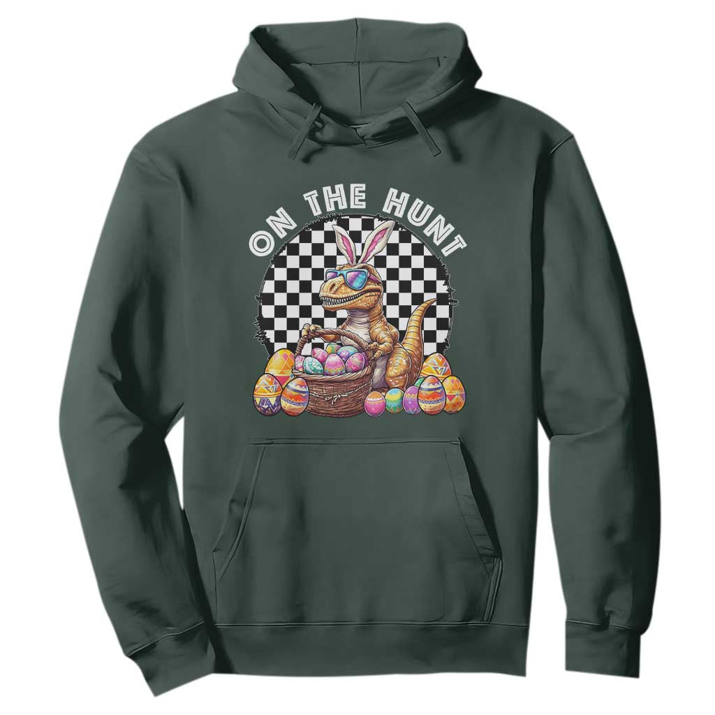 Funny Easter Day Dinosaur Bunny Hoodie On The Hunt Egg Hunting TS11 Dark Forest Green Print Your Wear