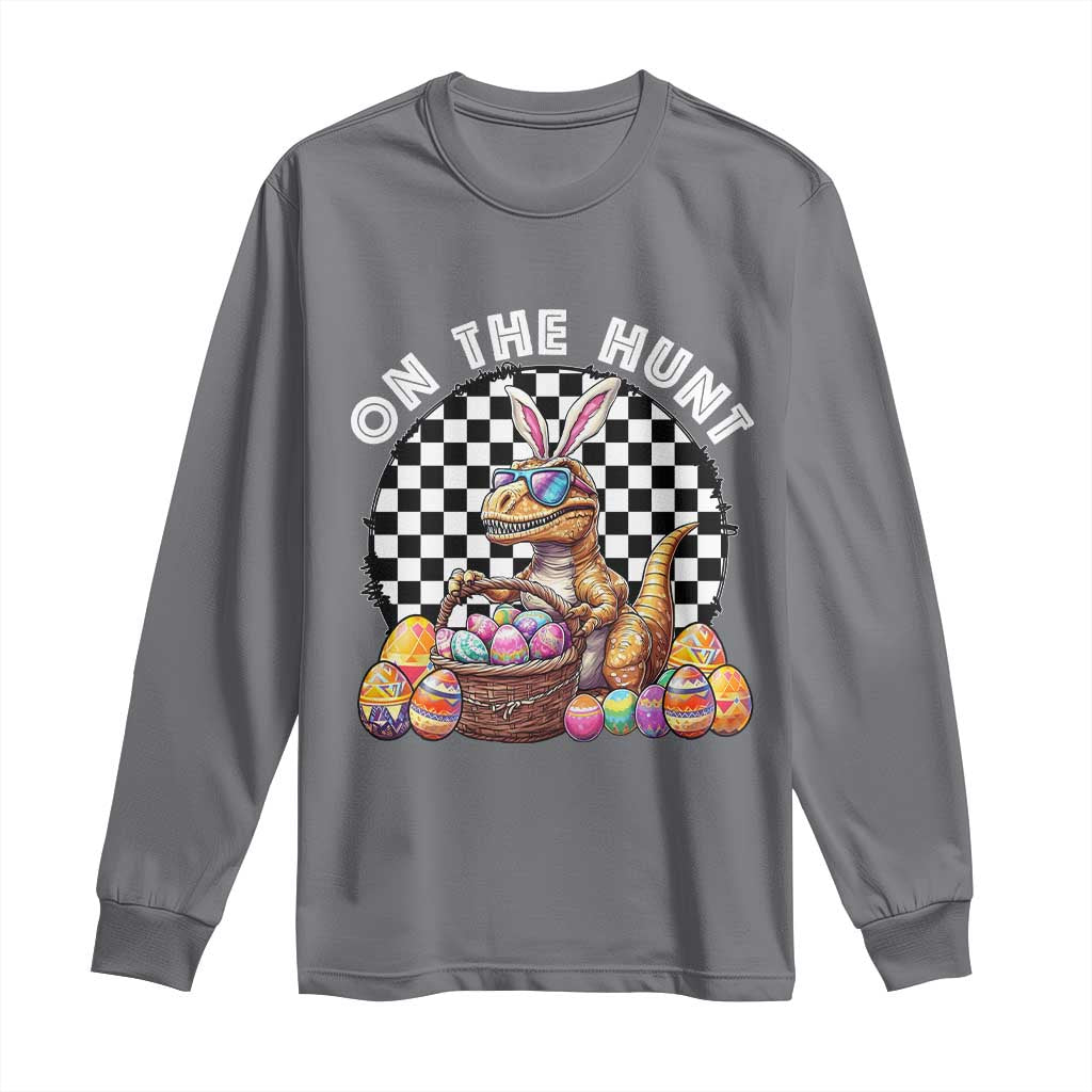 Funny Easter Day Dinosaur Bunny Long Sleeve Shirt On The Hunt Egg Hunting TS11 Charcoal Print Your Wear