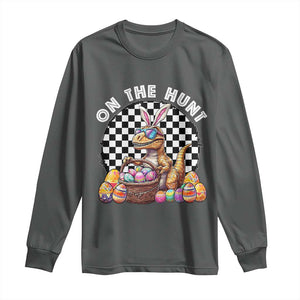 Funny Easter Day Dinosaur Bunny Long Sleeve Shirt On The Hunt Egg Hunting TS11 Dark Heather Print Your Wear