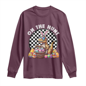 Funny Easter Day Dinosaur Bunny Long Sleeve Shirt On The Hunt Egg Hunting TS11 Maroon Print Your Wear
