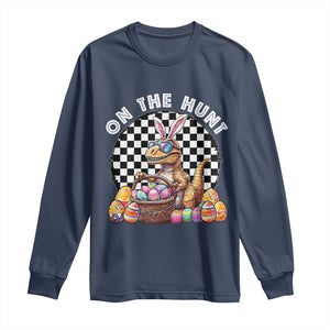 Funny Easter Day Dinosaur Bunny Long Sleeve Shirt On The Hunt Egg Hunting TS11 Navy Print Your Wear
