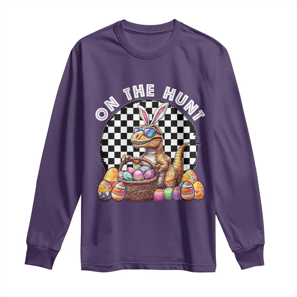 Funny Easter Day Dinosaur Bunny Long Sleeve Shirt On The Hunt Egg Hunting TS11 Purple Print Your Wear