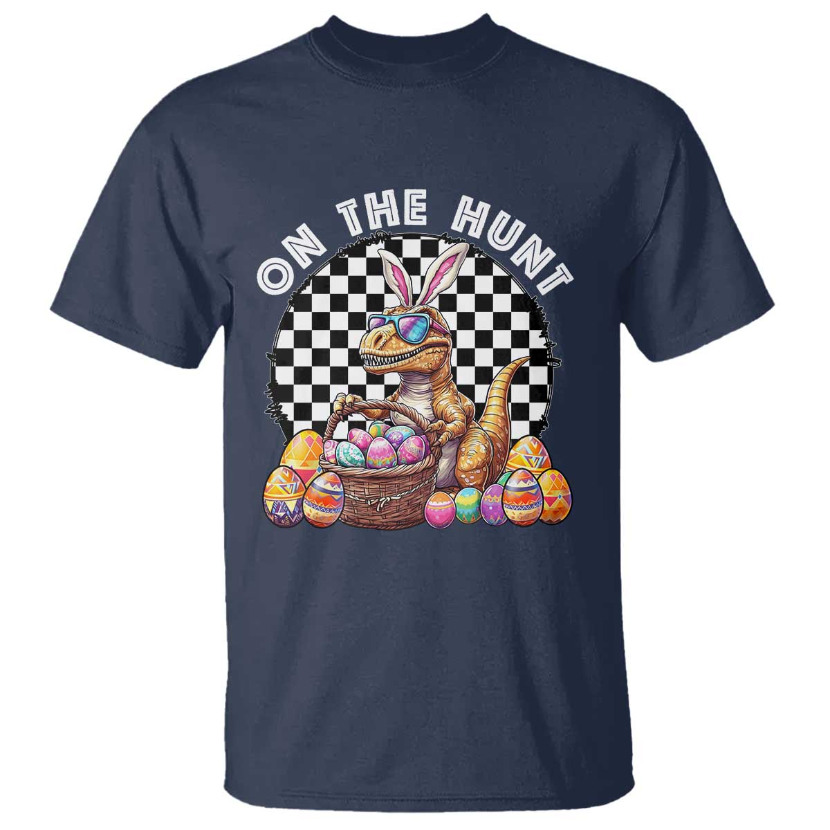 Funny Easter Day Dinosaur Bunny T Shirt On The Hunt Egg Hunting TS11 Navy Print Your Wear
