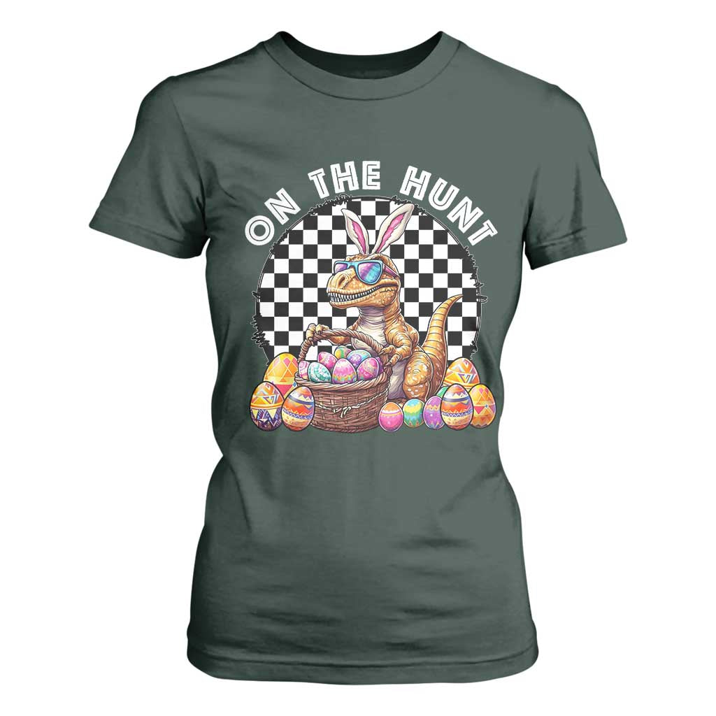 Funny Easter Day Dinosaur Bunny T Shirt For Women On The Hunt Egg Hunting TS11 Dark Forest Green Print Your Wear