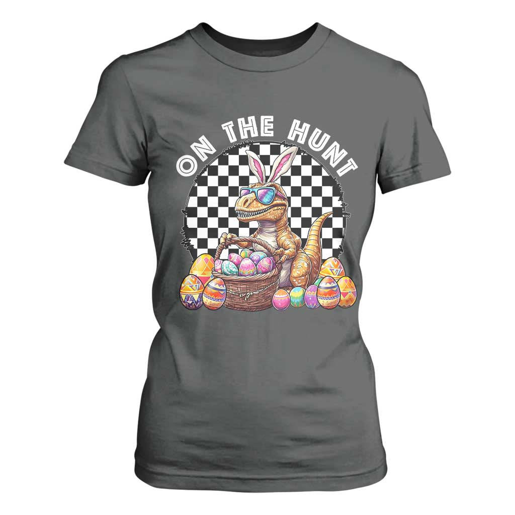 Funny Easter Day Dinosaur Bunny T Shirt For Women On The Hunt Egg Hunting TS11 Dark Heather Print Your Wear