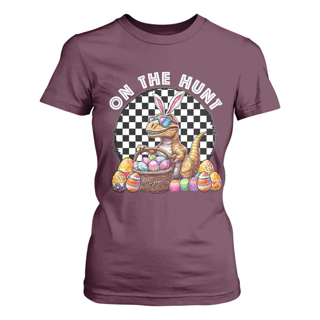 Funny Easter Day Dinosaur Bunny T Shirt For Women On The Hunt Egg Hunting TS11 Maroon Print Your Wear