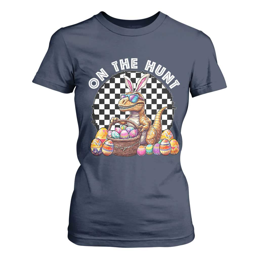 Funny Easter Day Dinosaur Bunny T Shirt For Women On The Hunt Egg Hunting TS11 Navy Print Your Wear