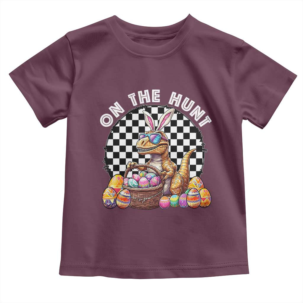 Funny Easter Day Dinosaur Bunny Toddler T Shirt On The Hunt Egg Hunting TS11 Maroon Print Your Wear