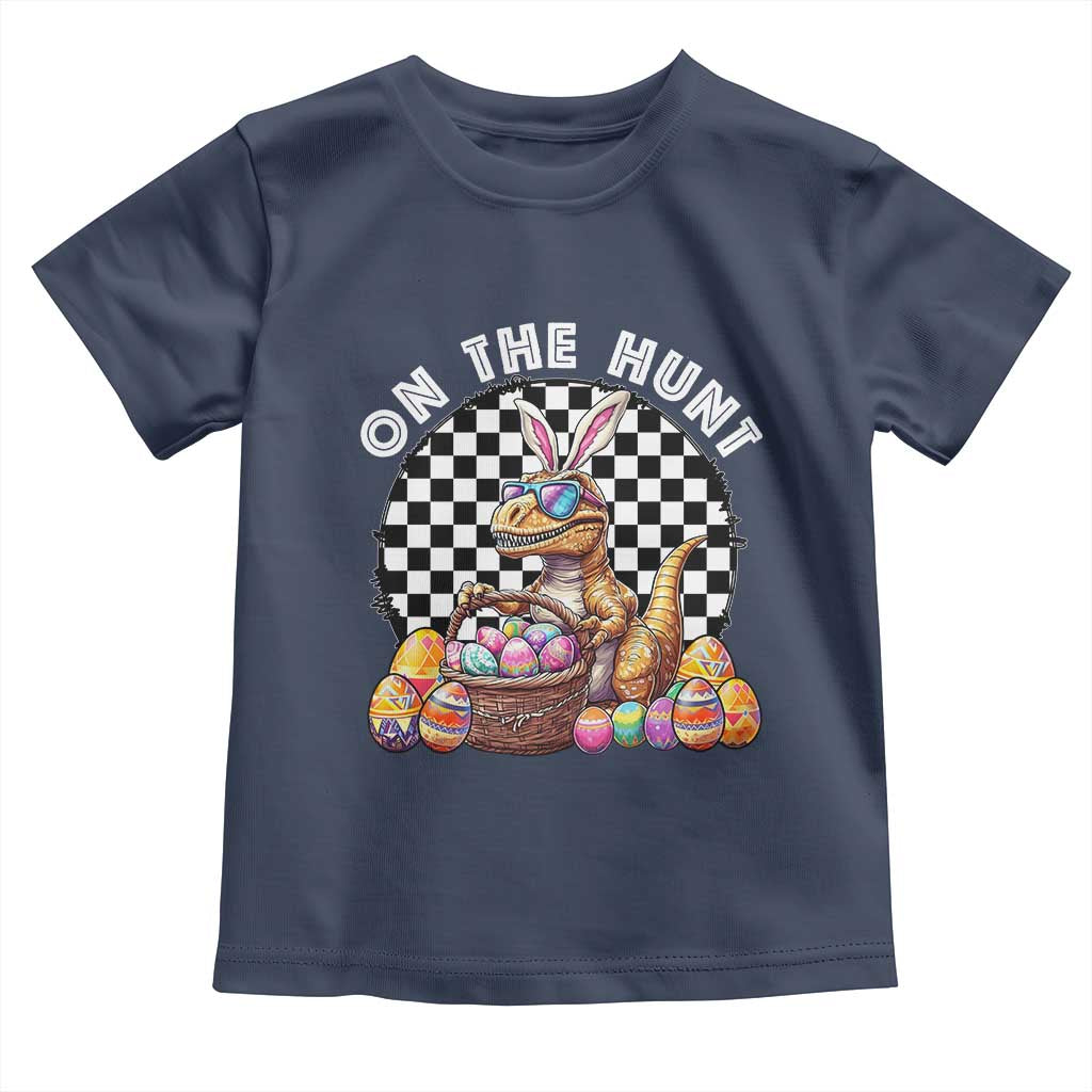 Funny Easter Day Dinosaur Bunny Toddler T Shirt On The Hunt Egg Hunting TS11 Navy Print Your Wear