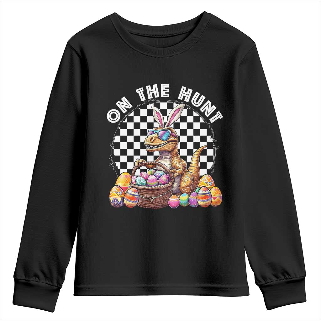 Funny Easter Day Dinosaur Bunny Youth Sweatshirt On The Hunt Egg Hunting TS11 Black Print Your Wear