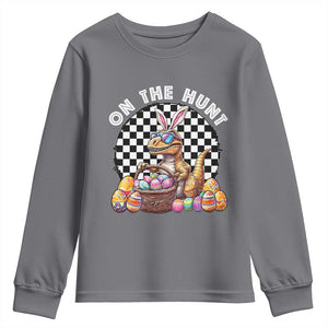 Funny Easter Day Dinosaur Bunny Youth Sweatshirt On The Hunt Egg Hunting TS11 Charcoal Print Your Wear