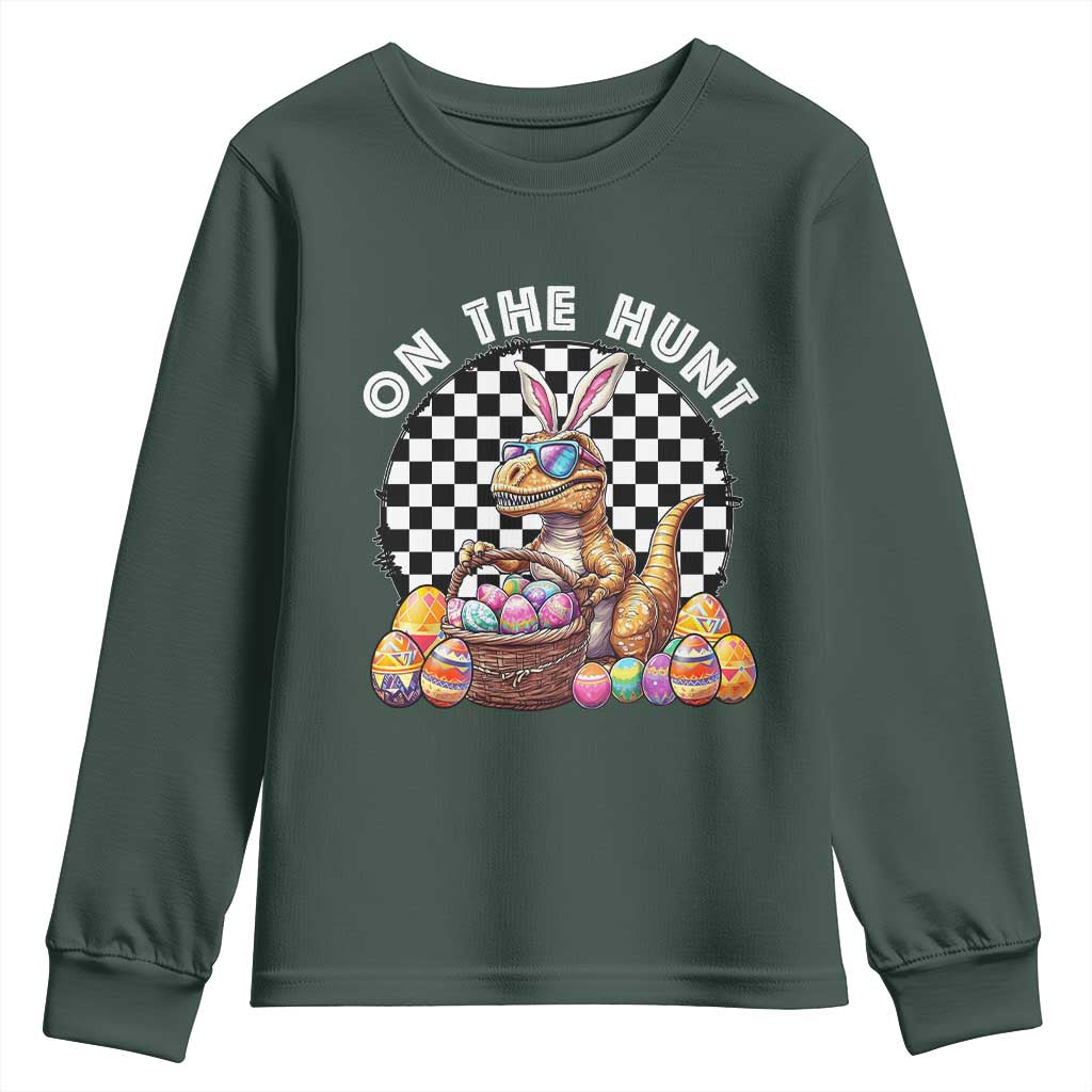 Funny Easter Day Dinosaur Bunny Youth Sweatshirt On The Hunt Egg Hunting TS11 Dark Forest Green Print Your Wear
