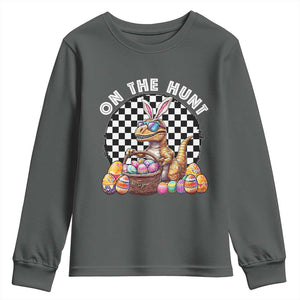 Funny Easter Day Dinosaur Bunny Youth Sweatshirt On The Hunt Egg Hunting TS11 Dark Heather Print Your Wear