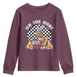 Funny Easter Day Dinosaur Bunny Youth Sweatshirt On The Hunt Egg Hunting TS11 Maroon Print Your Wear