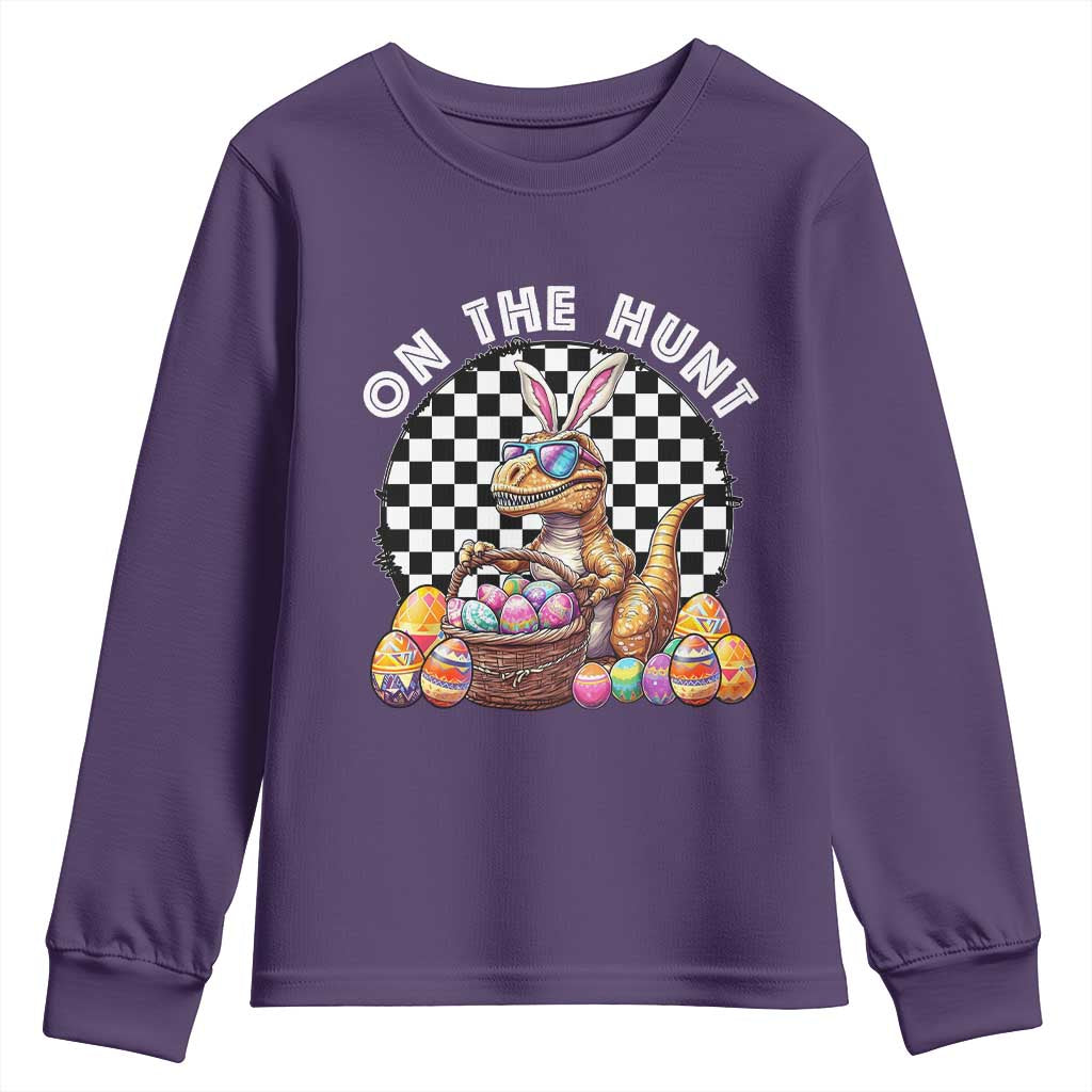 Funny Easter Day Dinosaur Bunny Youth Sweatshirt On The Hunt Egg Hunting TS11 Purple Print Your Wear