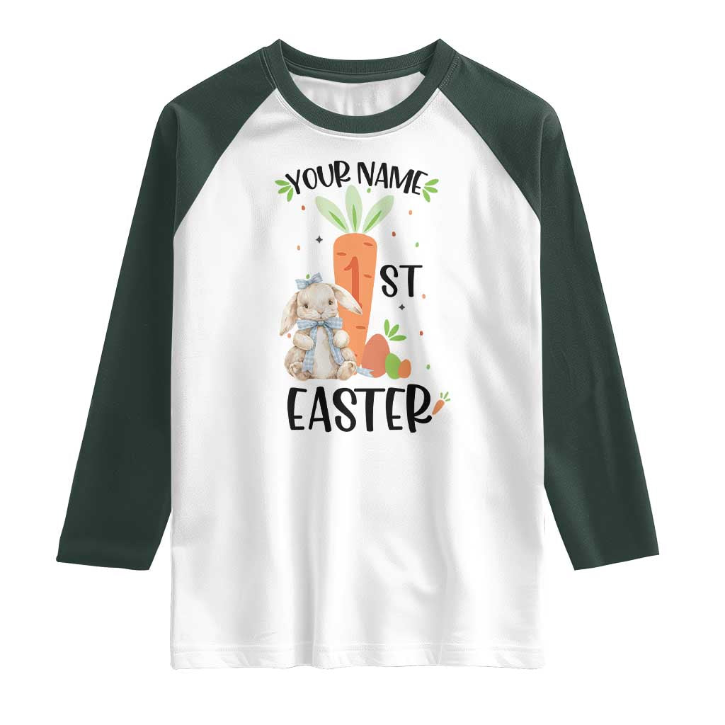 Personalized Easter Day Raglan Shirt Custom Text 1st Easter Cute Bunny Carrot TS11 White Dark Forest Green Print Your Wear