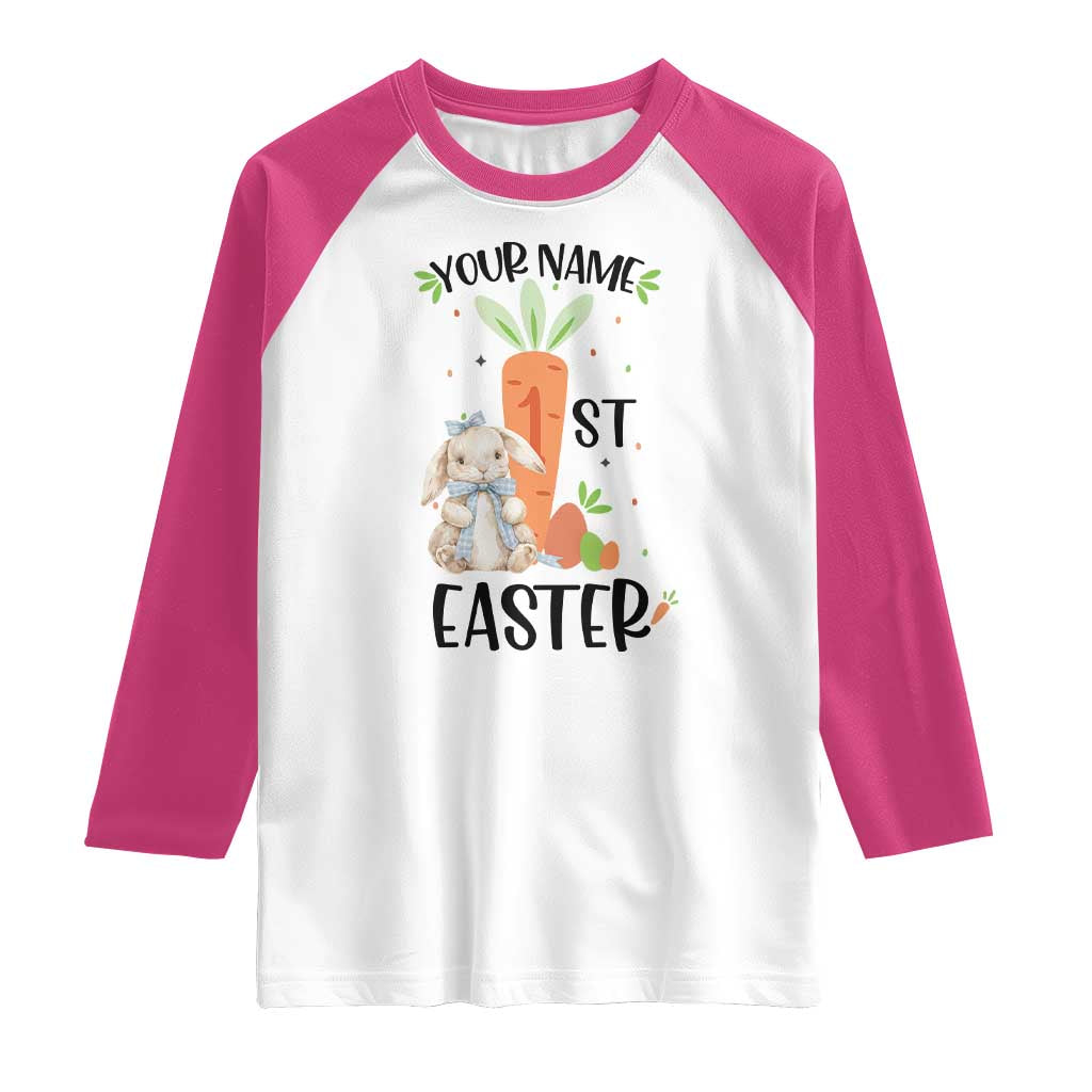 Personalized Easter Day Raglan Shirt Custom Text 1st Easter Cute Bunny Carrot TS11 White Heliconia Print Your Wear